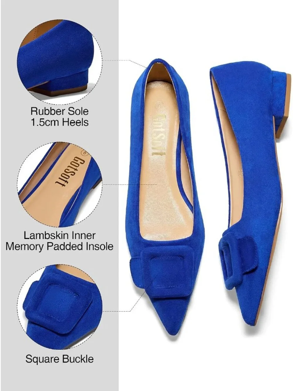 Women's Blue Rubber Pointed Toe Square Buckle Flats Slip On Comfortable Shoes